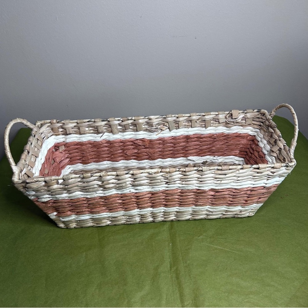 Tan and cream and terracotta color Woven Basket with Handles